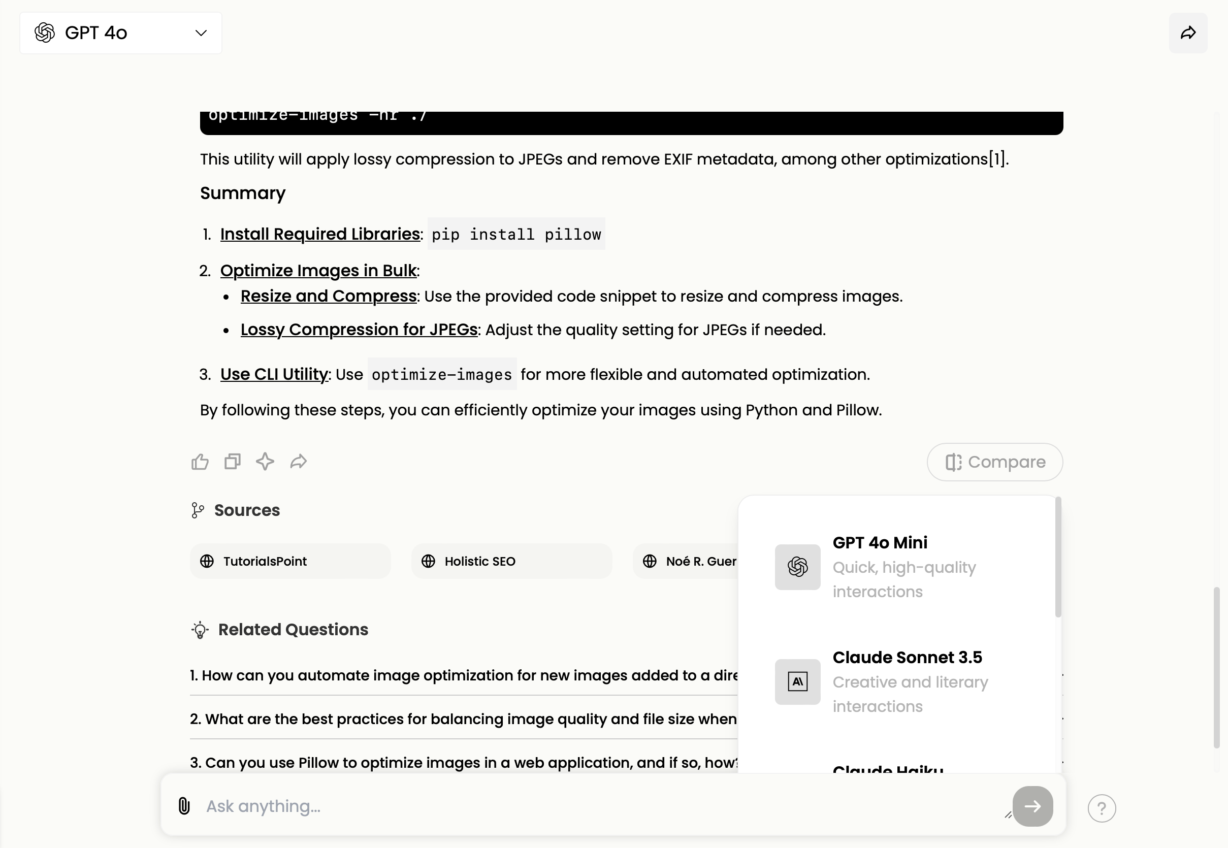 Answerr AI interface displaying real-time search results and AI model comparisons